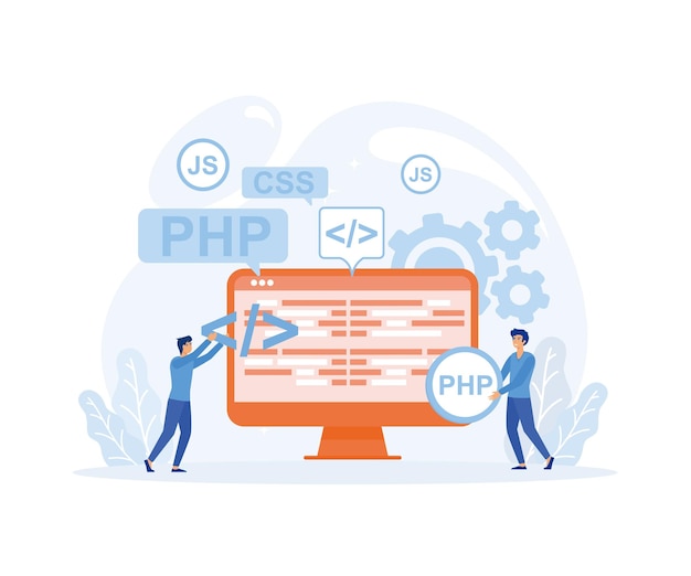 Vector pequeñas personas programadores codificando y corrigiendo errores en el proyecto pantalla de portátil con código de programa