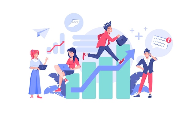 Pequeñas personas sentadas corriendo en un gráfico de crecimiento