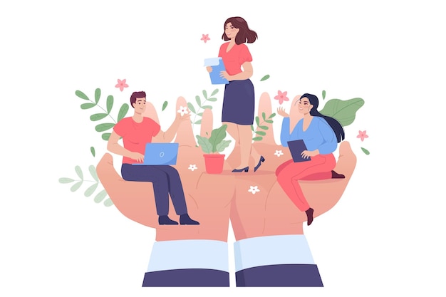 Pequeñas personas de trabajo en manos enormes. Bienestar y apoyo de la comunidad de empleados en la ilustración vectorial plana del lugar de trabajo. Seguridad, atención, protección laboral, concepto de gestión para banner o página web de inicio
