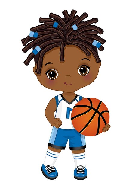 Un pequeño afroamericano jugando al baloncesto.