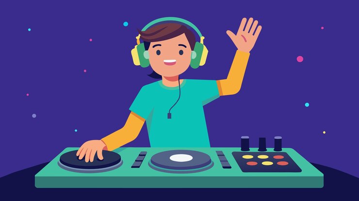Vector con un pequeño asentimiento el joven dj señala la siguiente canción para comenzar a tocar en su digital