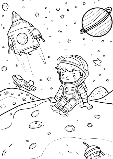 Pequeño astronauta imprimible en la Luna con cohete espacial Ilustración de página para colorear para niños