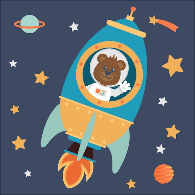 Pequeño astronauta oso en un cohete espacial