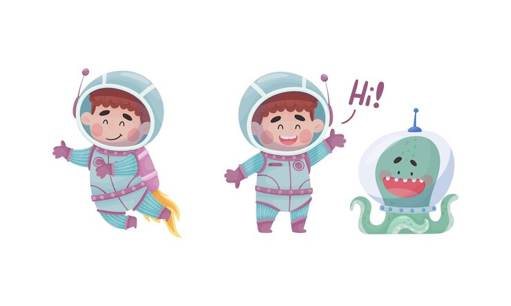 Vector pequeño astronauta con traje espacial saludando con pulpo y flotando explorando el vector de la luna