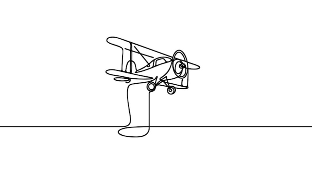 Pequeño avión volando en el cielo en estilo de dibujo de línea continua