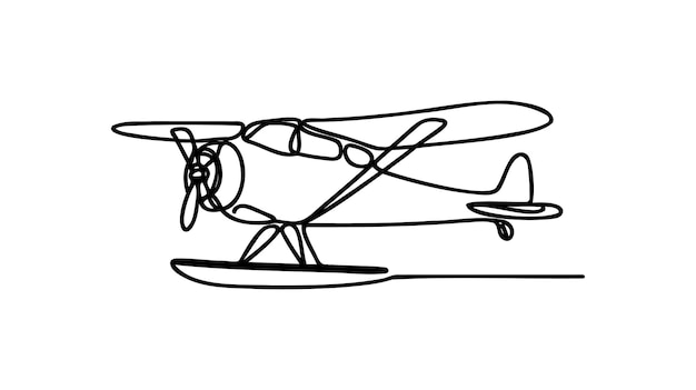 Pequeño avión volando en el cielo en estilo de dibujo de línea continua