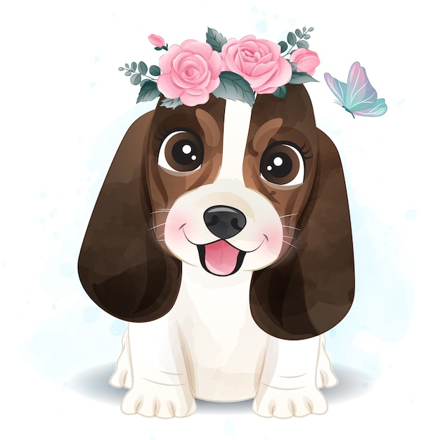 Pequeño Basset Hound lindo con ilustración floral