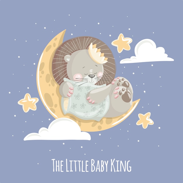 Pequeño bebé lindo rey león en la luna