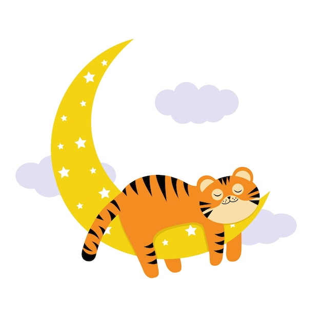 Pequeño cachorro de tigre durmiendo en la luna, color ilustración vectorial aislada en estilo de dibujos animados.