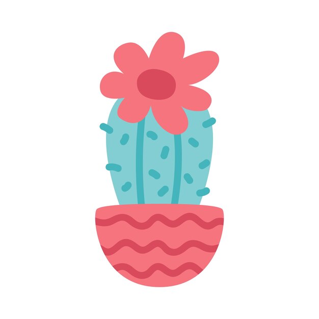 Pequeño cactus en flor en maceta con ilustración vectorial de dibujos animados de flores rojas