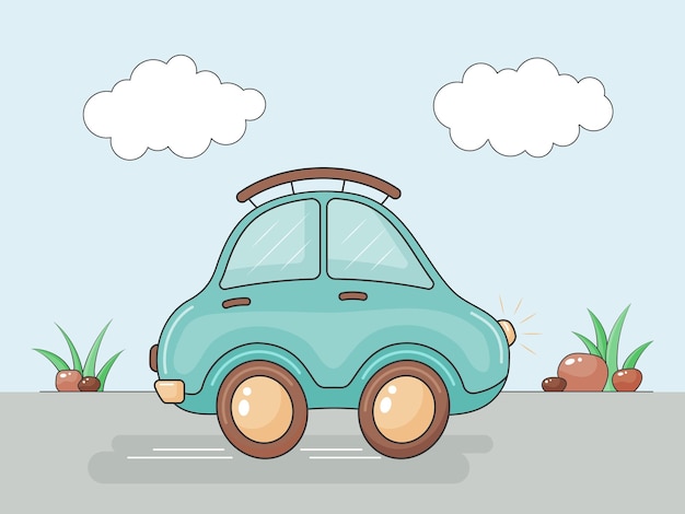 Vector pequeño coche de dibujos animados en la carretera ilustración de vector de niños