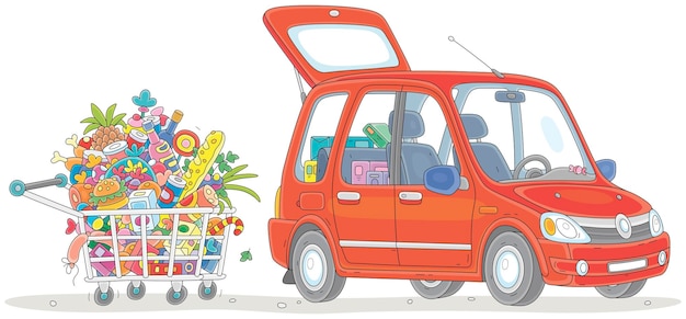 Pequeño coche rojo y un carrito de compras lleno de alimentos, bebidas y regalos para felices vacaciones