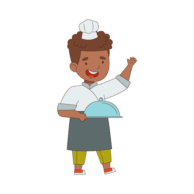 Pequeño cocinero afroamericano en toque blanco y chaqueta sosteniendo la bandeja con la ilustración vectorial de la comida apetitosa servida