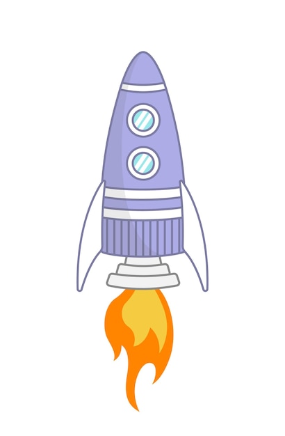 Pequeño cohete púrpura con fuego en el espacio plano de dibujos animados ilustración vectorial aislada eps 10