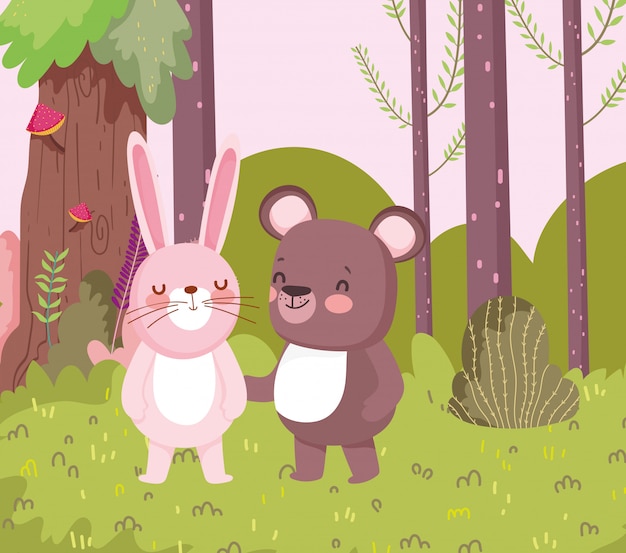 Pequeño conejo y oso personaje de dibujos animados bosque follaje naturaleza