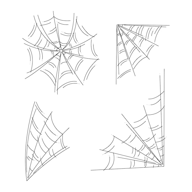 Pequeño conjunto con 4 telas de araña como símbolo de Halloween Ilustración de vector de doodle blanco y negro