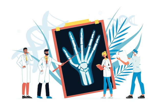Vector pequeño consejo del equipo médico sobre lesiones en la mano en la radiografía
