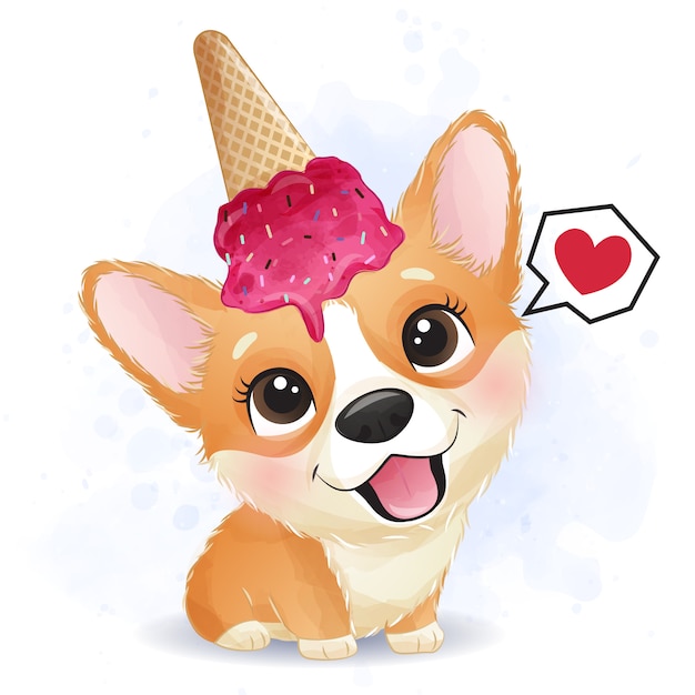 Pequeño corgi lindo con helado