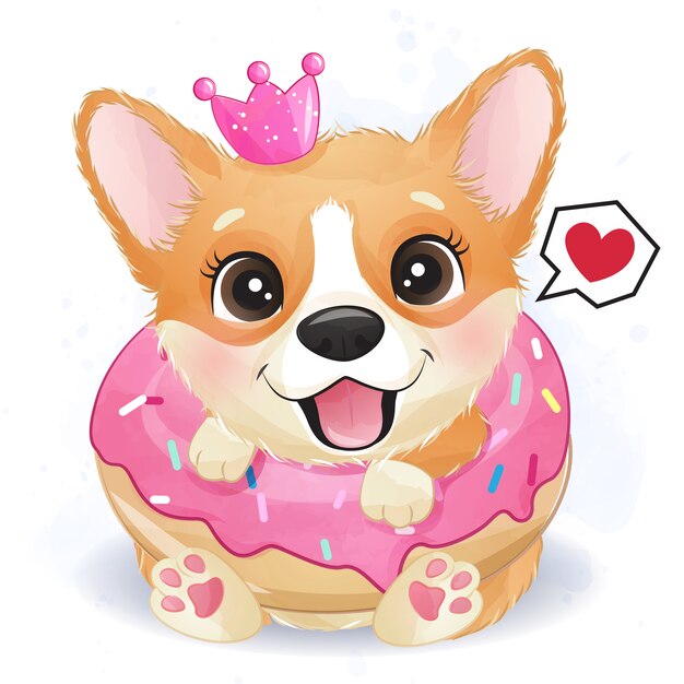 Pequeño corgi lindo con postre
