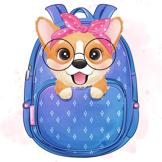 Vector pequeño corgi lindo sentado dentro de una bolsa