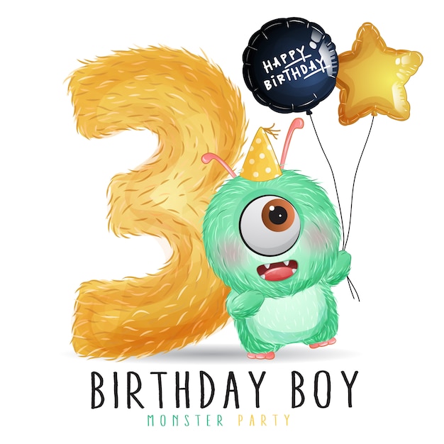 Pequeño cumpleaños lindo del monstruo con la ilustración de la acuarela