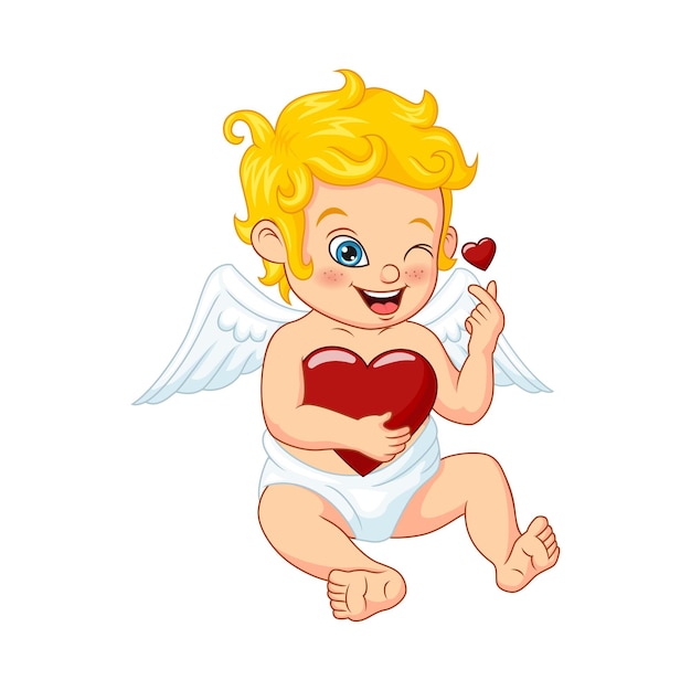 Pequeño cupido lindo abrazando un corazón aislado en blanco