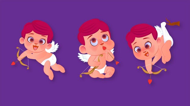 Pequeño cupido lindo con alas volando en el día de san valentín con arco y flecha por amor