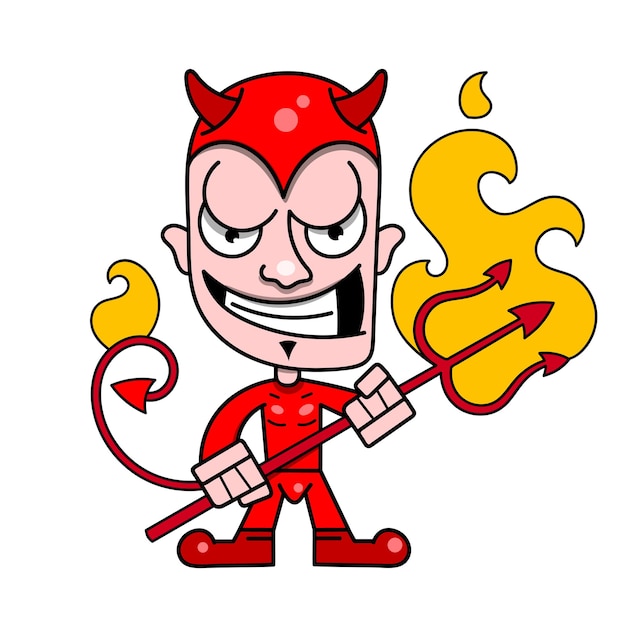 Pequeño diablo lindo con cuernos y un tridente llameante, ilustración vectorial