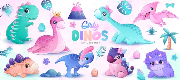 Vector pequeño dinosaurio femenino lindo con la ilustración de la acuarela