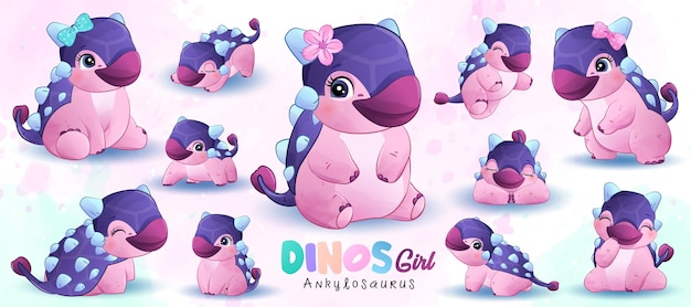 Pequeño dinosaurio lindo posa con ilustración acuarela