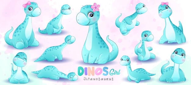 Vector pequeño dinosaurio lindo posa con ilustración acuarela