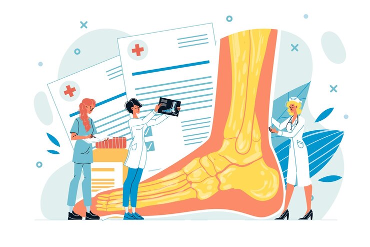 Pequeño doctor que examina el tobillo del pie o de la pierna en la radiografía