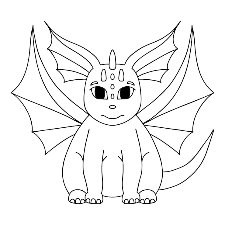 Vector pequeño dragón de dibujos animados lindo ilustración vectorial ilustración en blanco y negro para un libro para colorear