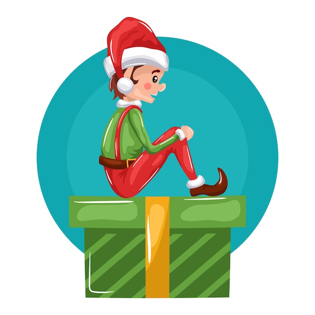 Vector pequeño duende navideño sentado en una linda caja de regalo