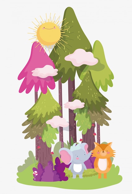 Vector pequeño elefante y zorro personaje de dibujos animados bosque follaje naturaleza