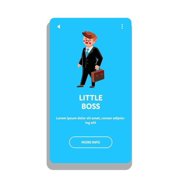 Pequeño empresario jefe en vector de traje de negocios. Little Boss Child vistiendo traje y funda de sujeción. Personaje Niño Niño Tiempo lúdico en profesión Carrera Web Ilustración de dibujos animados plana