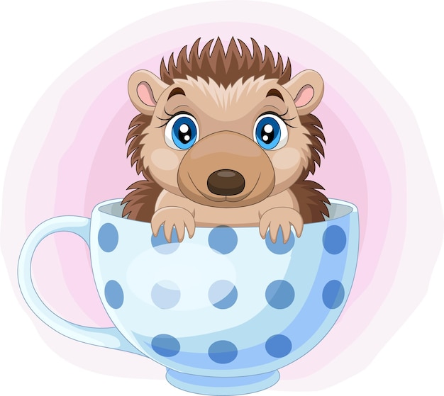 Pequeño erizo de dibujos animados sentado en la taza