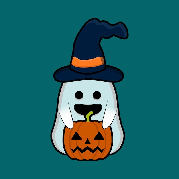 El pequeño fantasma lindo feliz tiene una calabaza del vector de la ilustración