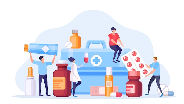 Pequeño farmacéutico con píldora de medicamentos, vitamina y botella. Farmacia online o droguería con antibiótico. Concepto de vector de salud de personas