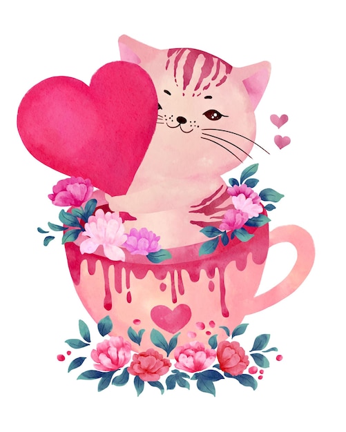 Vector pequeño gato con un globo de corazón sentado en un vaso