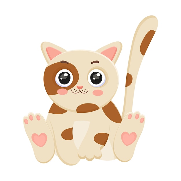 Pequeño gato sentado animal doméstico gatito de dibujos animados gatito diseño lindo manchado pata cola bebé alegre saludo cara sonriente gatito aislado en fondo blanco ilustración vectorial