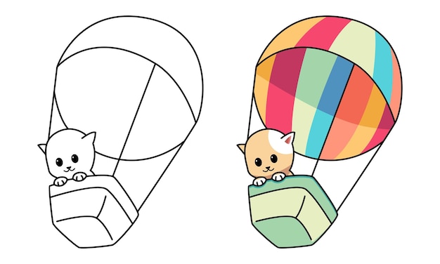 pequeño gato volar en colorido globo de aire caliente página para colorear para niños