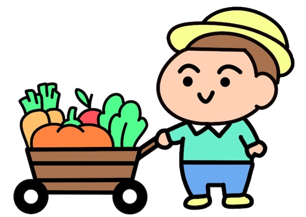Pequeño granjero con el estilo clipart del carro de cosecha