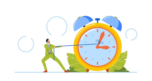 El pequeño hombre de negocios tira de las flechas de un enorme despertador Personaje masculino corriendo al trabajo tratando de detener o retroceder el tiempo límite
