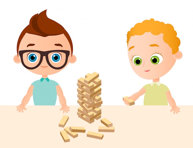 Vector pequeño juego del bebé en el juego de madera. niño con gafas torre de cubos de madera.