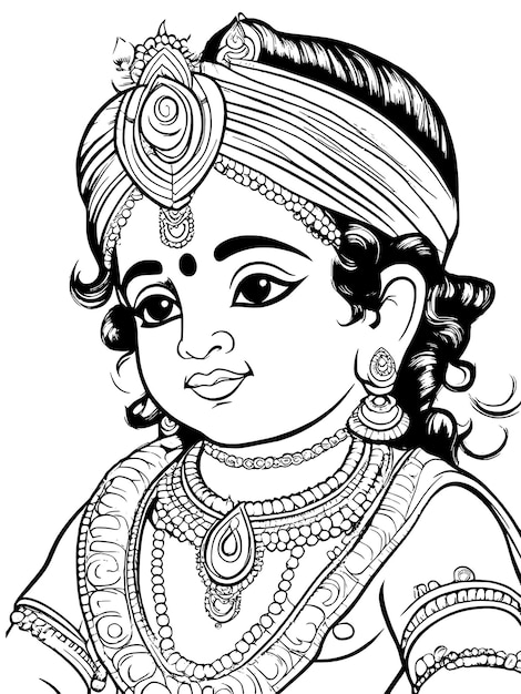 Pequeño Krishna página de colorear diseño vectorial de dibujo de línea Contorno bebé Krishna dios hindú