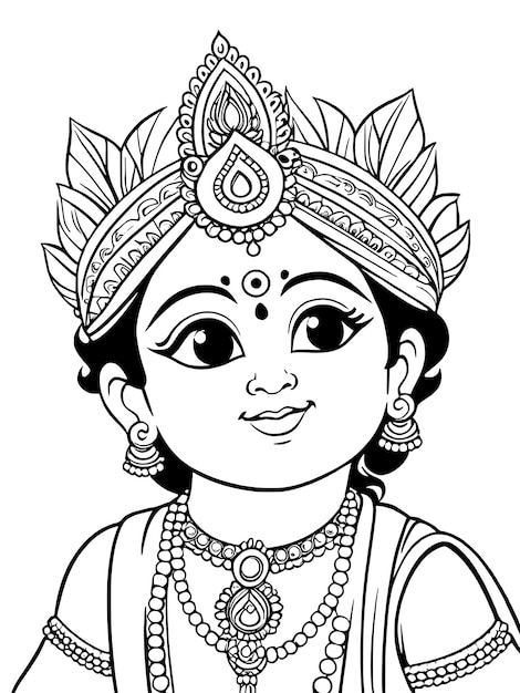 Vector pequeño krishna página de colorear diseño vectorial de dibujo de línea contorno bebé krishna dios hindú