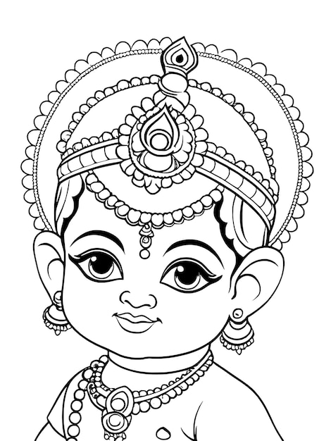 Vector pequeño krishna página de colorear diseño vectorial de dibujo de línea contorno bebé krishna dios hindú