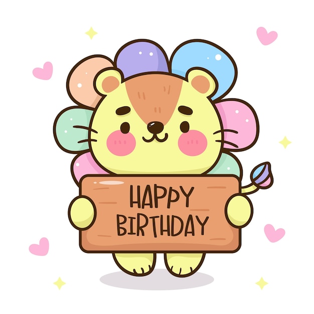 Vector pequeño león de dibujos animados con etiqueta de feliz cumpleaños animal kawaii