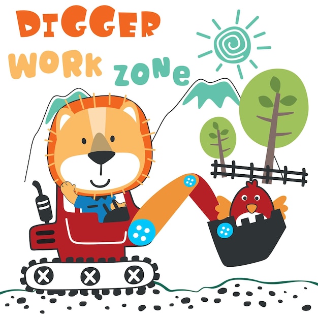 Un pequeño león lindo en una excavadora roja. Se puede usar para imprimir camisetas. Los niños usan estampados de diseño de moda para camisetas. Afiche de ropa de bebé y otras decoraciones.